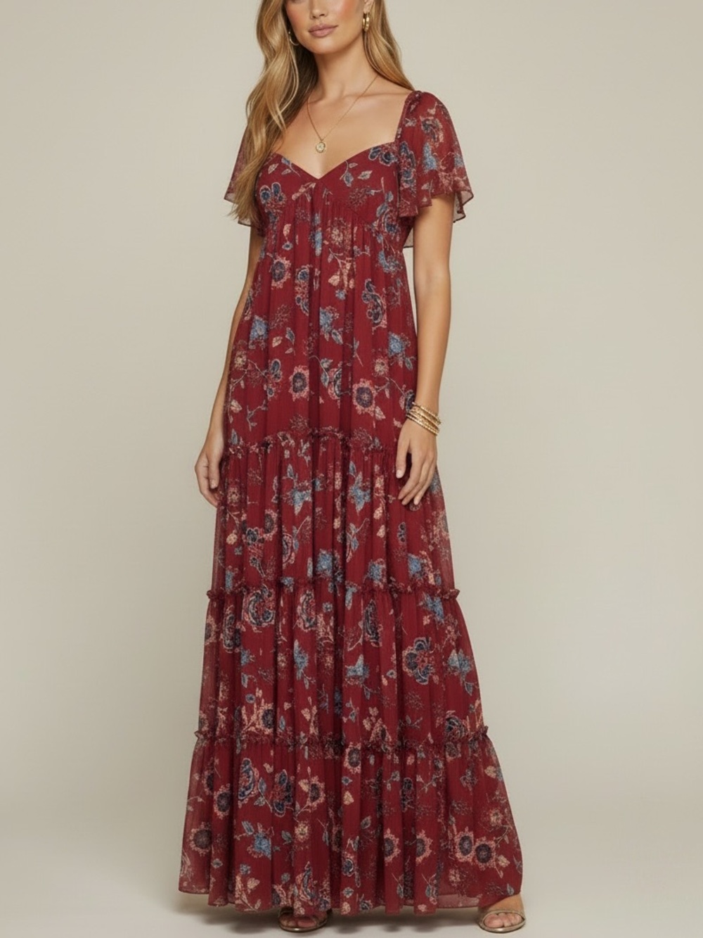 NWT SACHIN + BABI Red Floral Short Sleeve Elastic Back Lined Maxi Dress Size 6